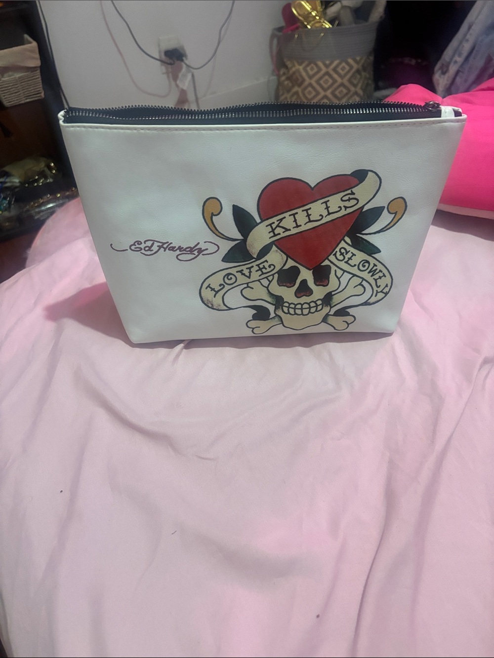 Ed Hardy White Cosmetic Pouch with Pink & Red Heart Skull Graphic